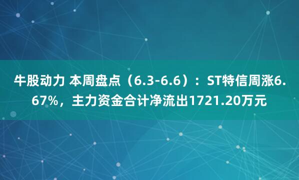 牛股动力 本周盘点（6.3-6.6）：ST特信周涨6.67%，主力资金合计净流出1721.20万元